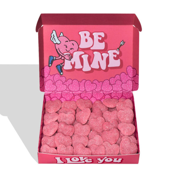 Wunnie-Box „I Love You“, 500-g-Box mit herzförmigen gesüßten Gummibonbons mit Erdbeerfüllung