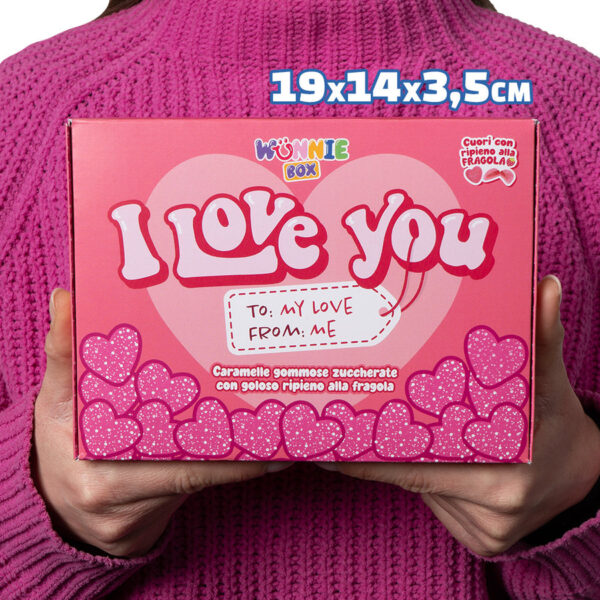 Wunnie-Box „I Love You“, 500-g-Box mit herzförmigen gesüßten Gummibonbons mit Erdbeerfüllung - Image 2